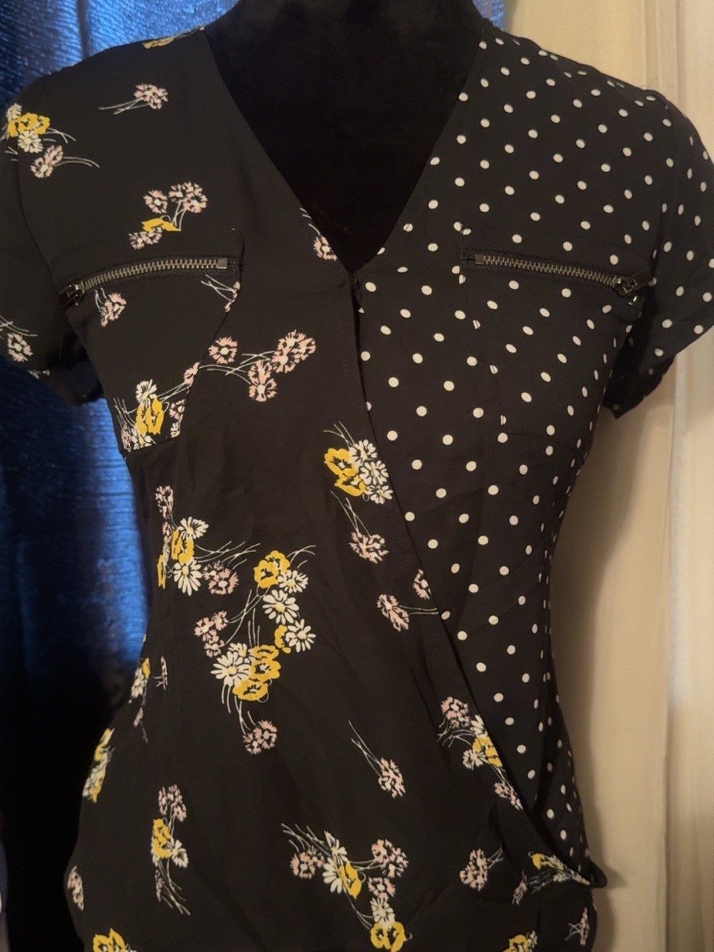 Black Floral & Polka Dot Wrap-Style Women’s top